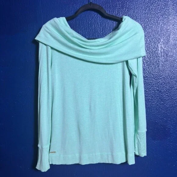 LILLY PULITZER Belinda Off The Shoulder Pullover Heathered Resort Aqua Top Sz S - Picture 4 of 8